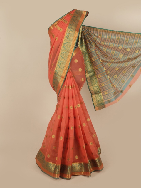 

Pothys Peach-Coloured & Green Pure Cotton Ethnic Motifs Woven Designed Saree