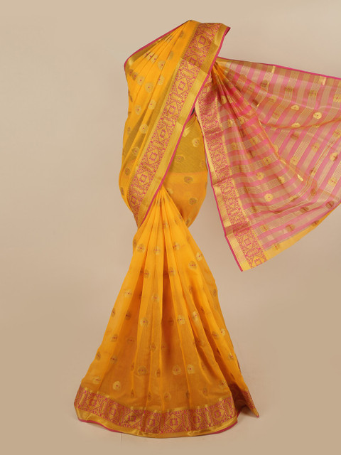 

Pothys Yellow & Pink Pure Cotton Ethnic Motifs Woven Designed Saree