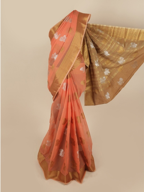 

Pothys Peach-Coloured & Gold-Toned Pure Cotton Ethnic Motifs Woven Designed Saree