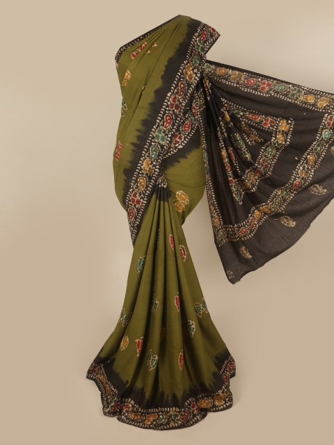 

Pothys Olive Green & Red Batik Pure Cotton Saree