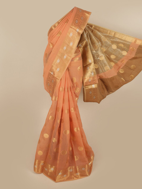 

Pothys Peach-Coloured & Gold-Toned Woven Design Pure Cotton Saree