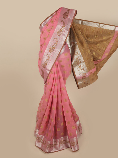 

Pothys Pink & Silver-Toned Woven Design Pure Cotton Saree