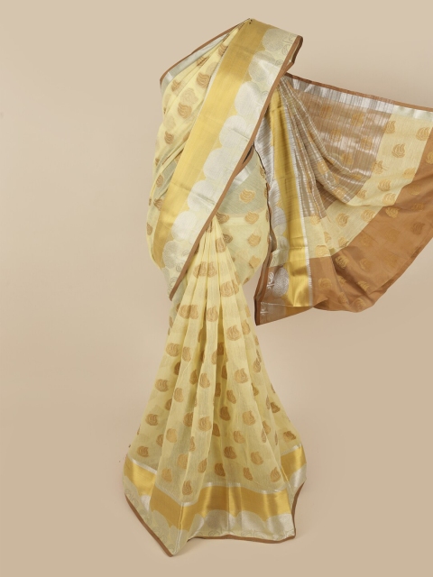 

Pothys Yellow & Silver-Toned Floral Zari Pure Cotton Saree