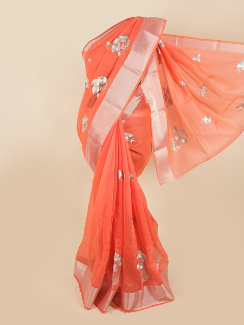 

Pothys Coral & Silver-Toned Floral Saree