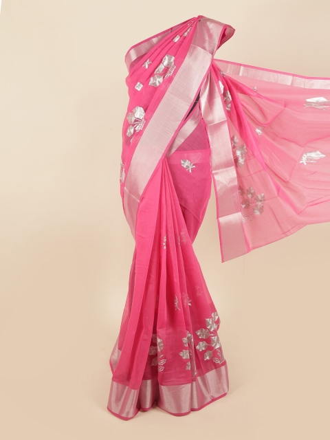 

Pothys Pink & Silver-Toned Floral Embroidered Chanderi Saree