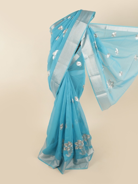 

Pothys Blue & Silver-Toned Floral Zari Saree