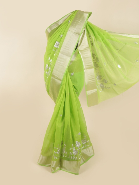 

Pothys Green & Silver-Toned Floral Zari Chanderi Saree