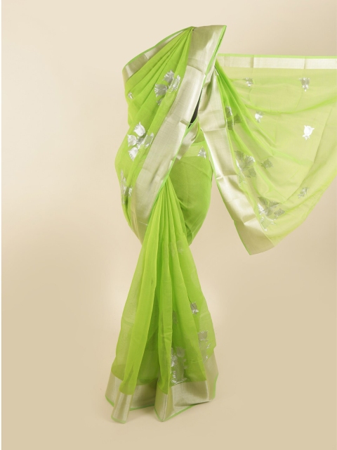 

Pothys Green & Silver Floral Cotton Blend Saree