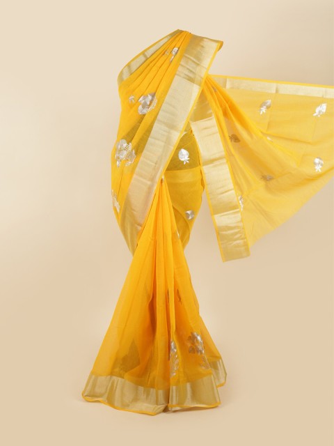 

Pothys Yellow & Silver-Toned Floral Zari Chanderi Saree