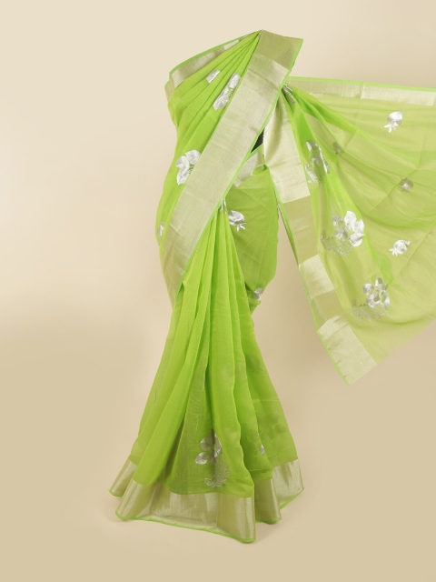 

Pothys Green & Silver-Toned Chanderi Floral Embroidered Zari Saree