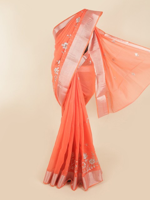 

Pothys Coral & Silver-Toned Floral Saree