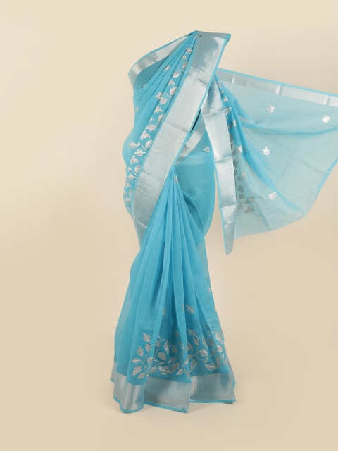 

Pothys Blue & Silver-Toned Floral Embroidered Zari Chanderi Cotton Saree