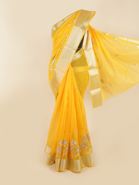 

Pothys Yellow & Silver-Toned Floral Zari Saree