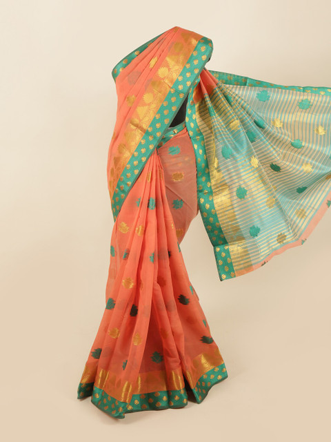 

Pothys Peach-Coloured & Gold-Toned Floral Zari Saree
