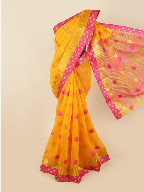

Pothys Yellow & Pink Zari Chanderi Saree