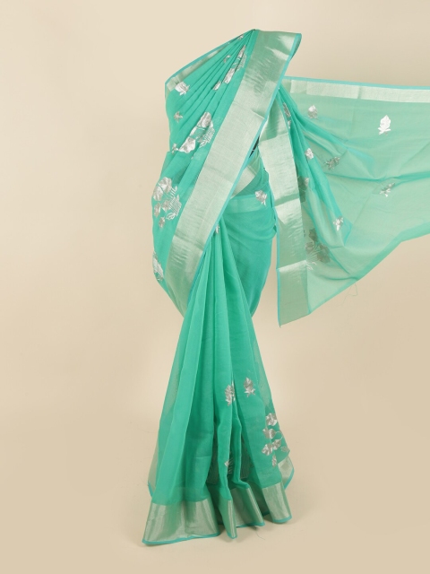 

Pothys Green & Silver-Toned Floral Zari Saree