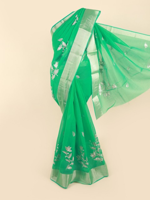 

Pothys Green & Silver-Toned Floral Zari Saree