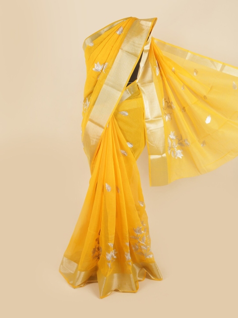 

Pothys Yellow & Silver-Toned Floral Zari Chanderi Saree