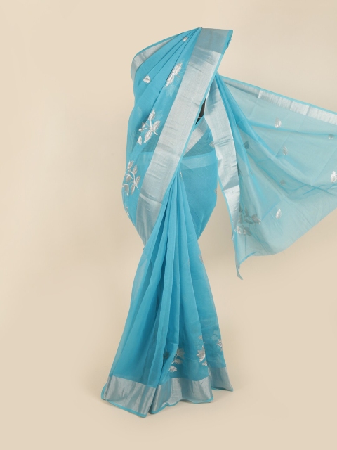 

Pothys Turquoise Blue & Silver Cotton Blend Saree