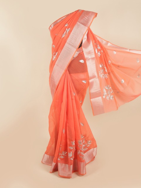 

Pothys Coral & Silver-Toned Floral Saree