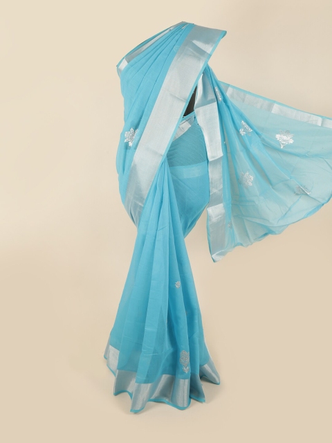 

Pothys Blue & Silver-Toned Chanderi Cotton Saree