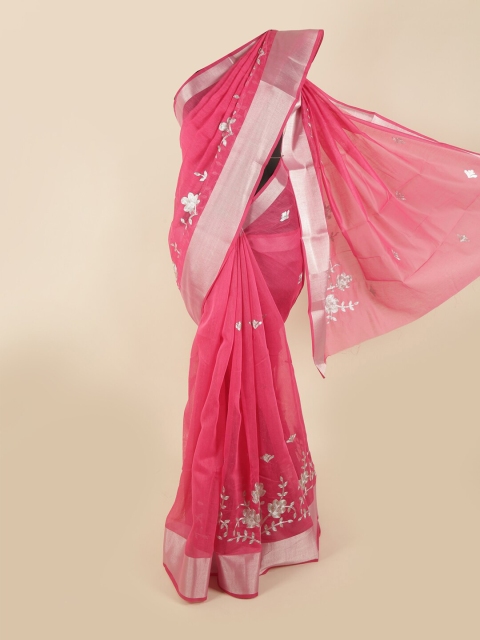 

Pothys Pink & Silver-Toned Floral Motifs Embroidered Saree