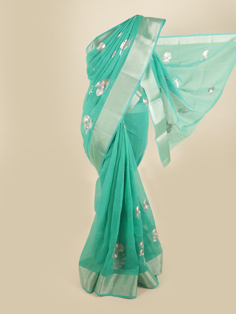 

Pothys Sea Green & Silver-Toned Floral Embroidered Chanderi Saree