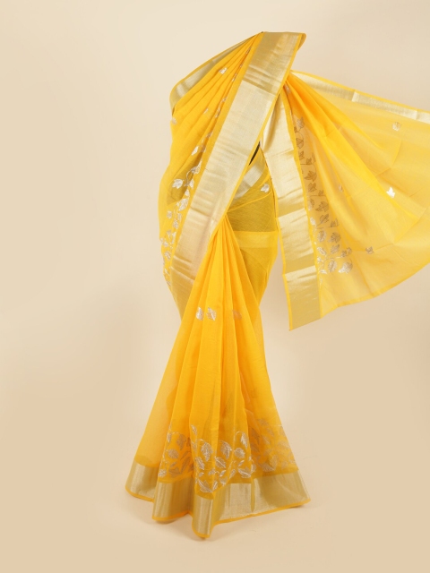 

Pothys Yellow & Silver-Toned Floral Embroidered Zari Chanderi Cotton Saree