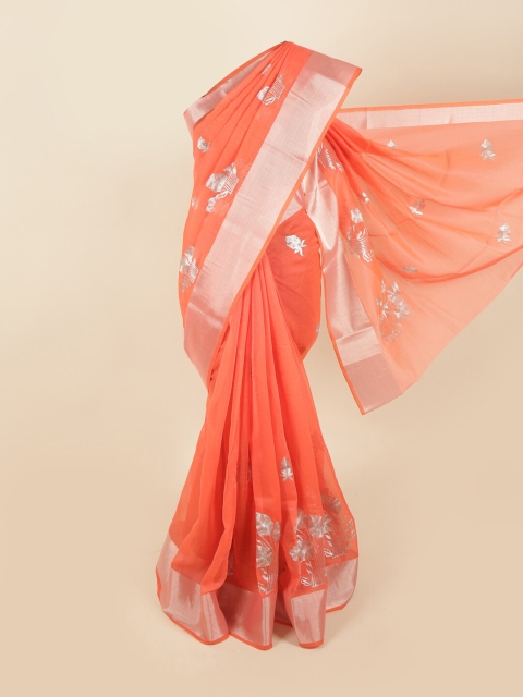 

Pothys Women Coral & Silver-Toned Floral Zari Saree
