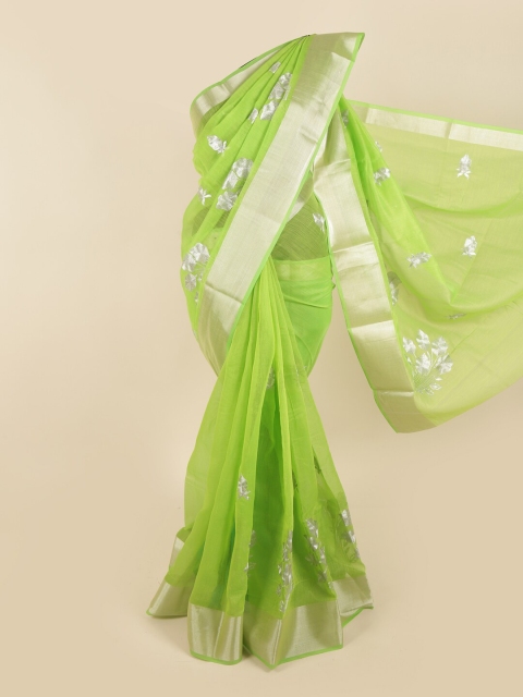 

Pothys Lime Green & Silver-Toned Floral Embroidered Chanderi Saree