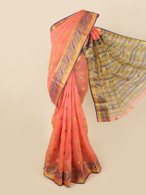 

Pothys Coral Pink & Purple Ethnic Motifs Zari Chanderi Saree
