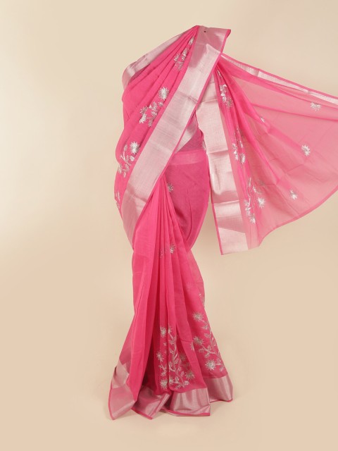 

Pothys Pink & Silver Floral Embroidered Chanderi Saree