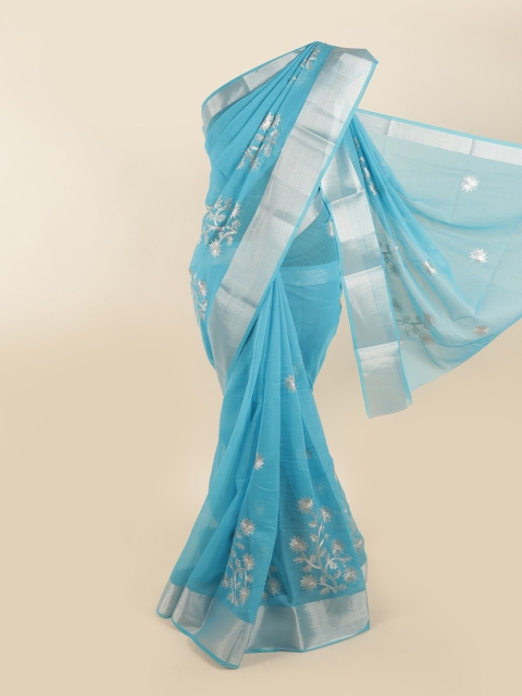 

Pothys Blue & Silver-Toned Chanderi Cotton Zari Saree