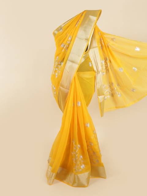 

Pothys Yellow & Silver-Toned Floral Motifs Embroidered Saree