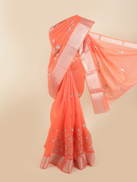

Pothys Coral & Silver-Toned Floral Zari Saree