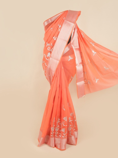 

Pothys Coral & Silver-Toned Floral Embroidered Zari Chanderi Cotton Saree