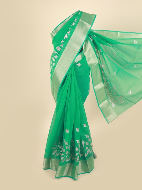 

Pothys Women Green & Silver-Toned Floral Zari Saree