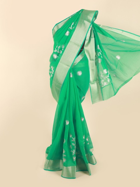 

Pothys Green & Silver-Toned Floral Saree