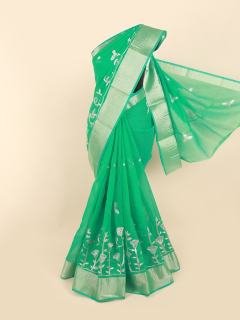 

Pothys Green & Silver-Toned Floral Embroidered Chanderi Saree