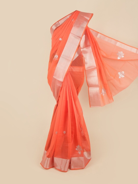 

Pothys Coral & Silver-Toned Floral Zari Saree
