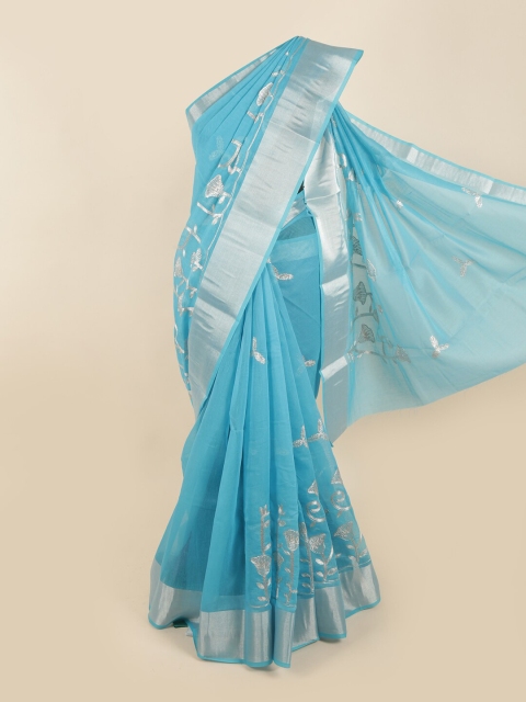 

Pothys Blue & Silver-Toned Floral Zari Chanderi Saree