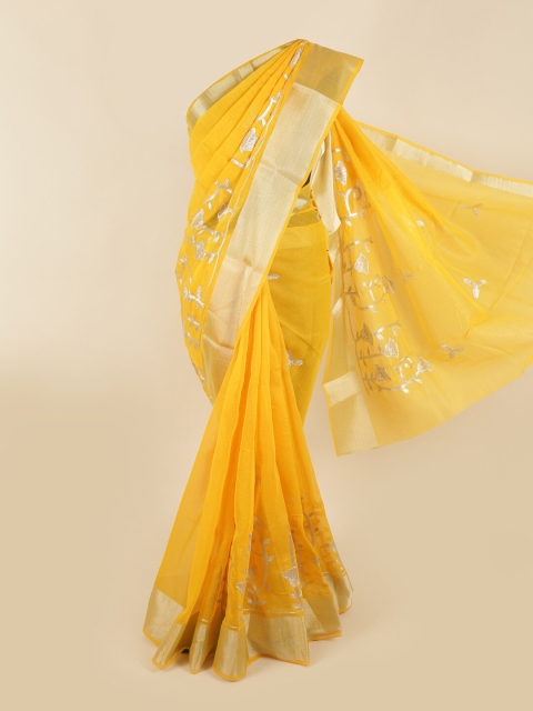 

Pothys Yellow & Silver Floral Cotton Blend Saree