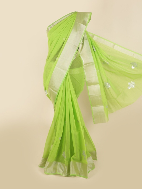 

Pothys Green & Silver-Toned Ethnic Motifs Zari Chanderi Saree