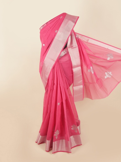 

Pothys Pink & Silver Floral Embroidered Chanderi Saree