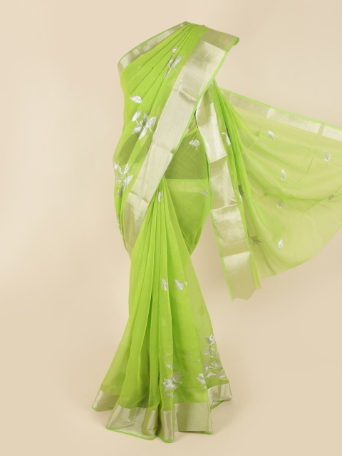 

Pothys Green & Silver-Toned Chanderi Cotton Zari Saree