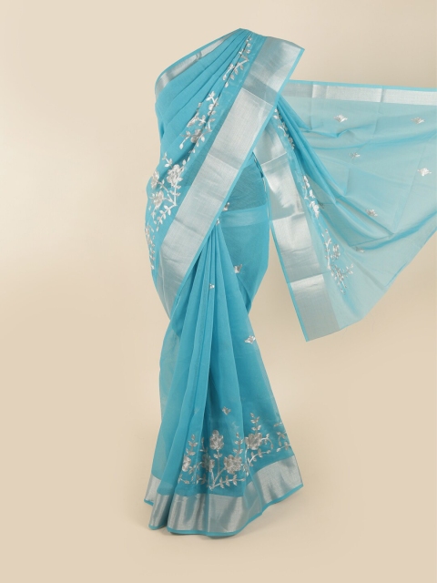 

Pothys Blue & Silver-Toned Chanderi Floral Motifs Embroidered Zari Saree