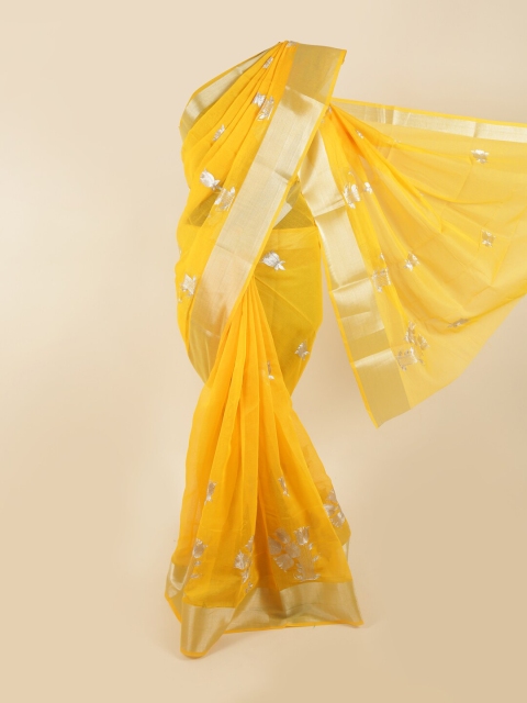 

Pothys Yellow & Silver-Toned Floral Embroidered Chanderi Saree