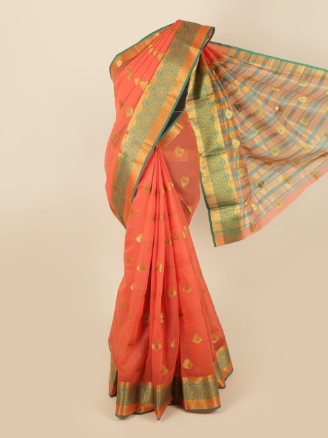 

Pothys Peach-Coloured & Gold-Toned Floral Zari Saree