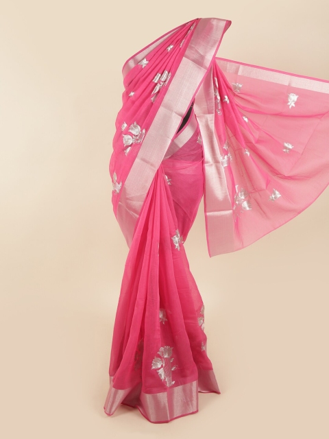

Pothys Pink & Silver-Toned Floral Zari Chanderi Saree