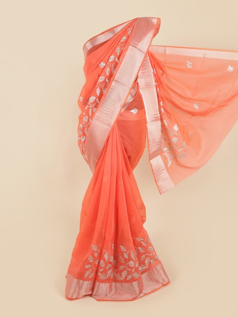 

Pothys Coral & Silver Floral Cotton Blend Saree